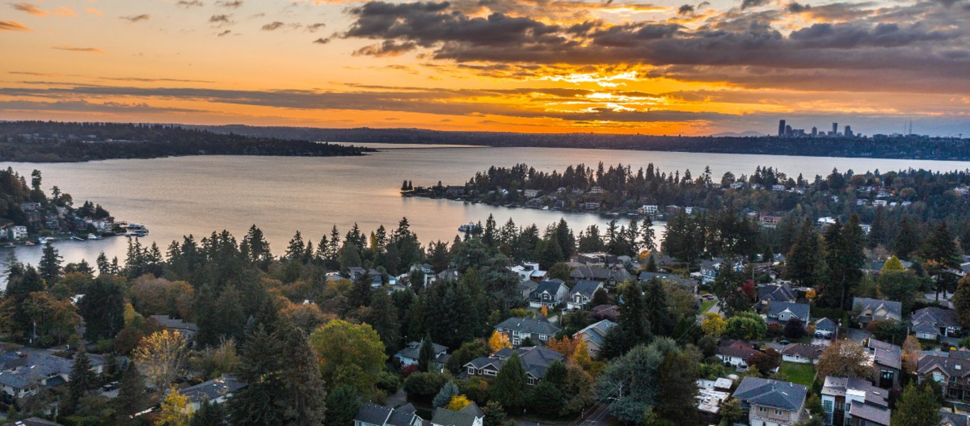 Bellevue waterfront and Lake Washington at sunset