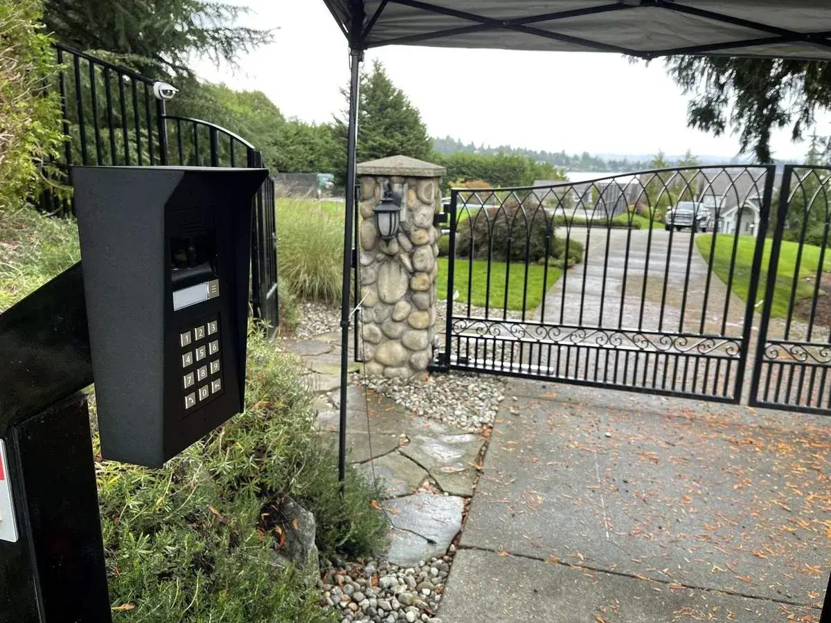 Video intercom keypad at a driveway gate, Lake Stevens