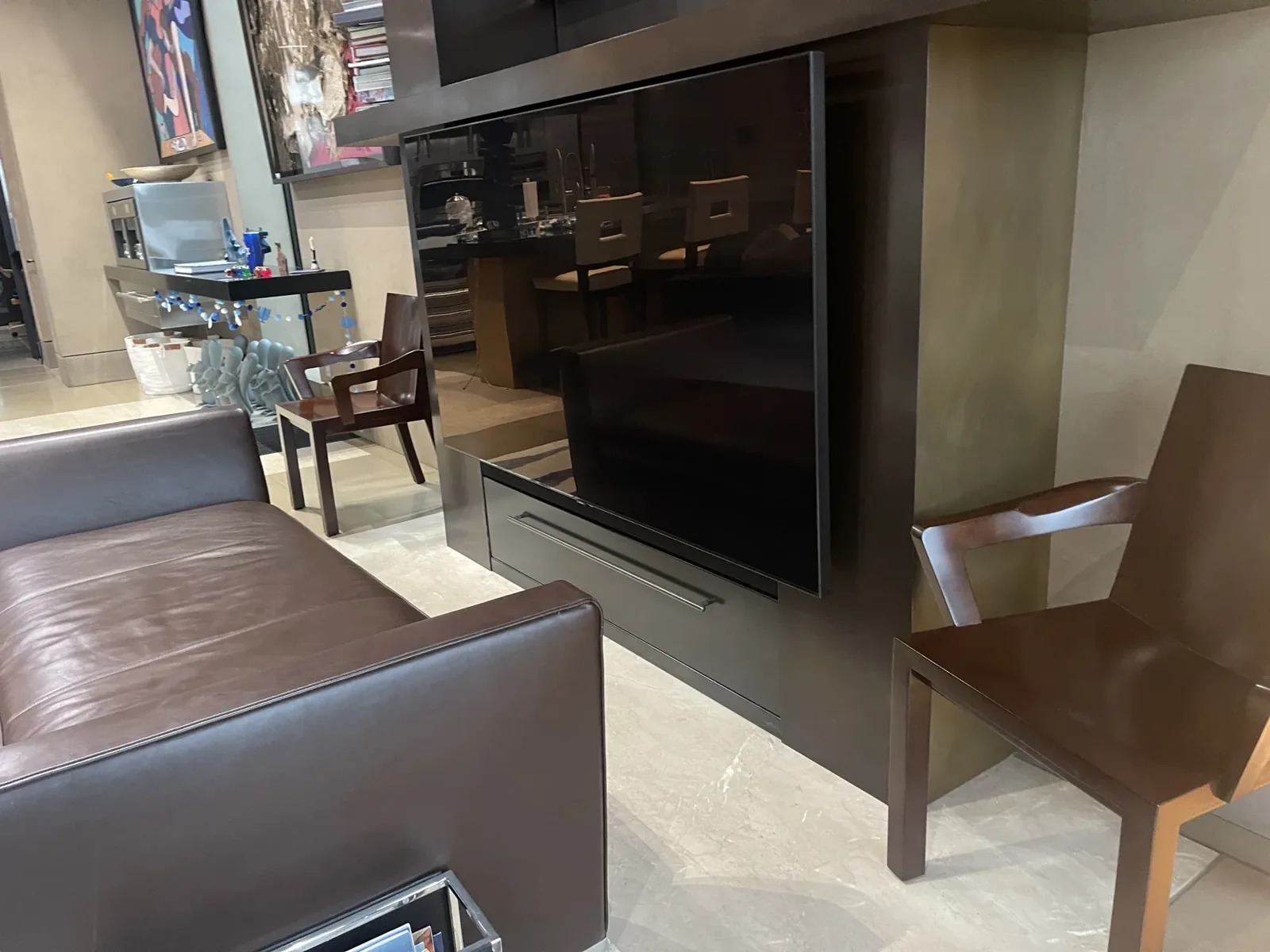 TV set into dark wood custom cabinetry, Mercer Island