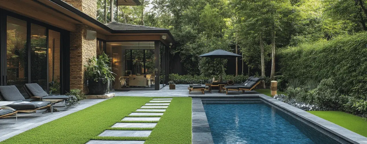 Poolside patio beside a swimming pool