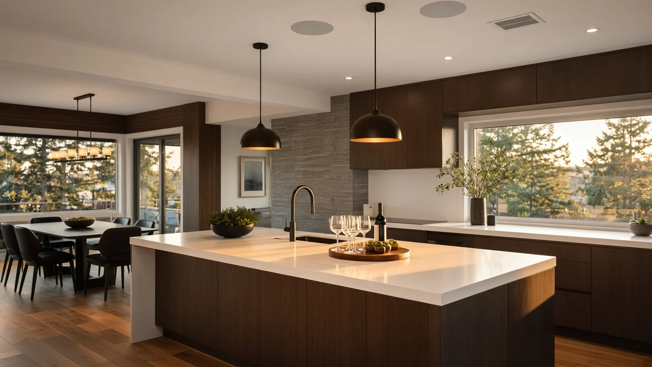 Northwest kitchen and dining area with flush in-ceiling speakers for whole-home audio