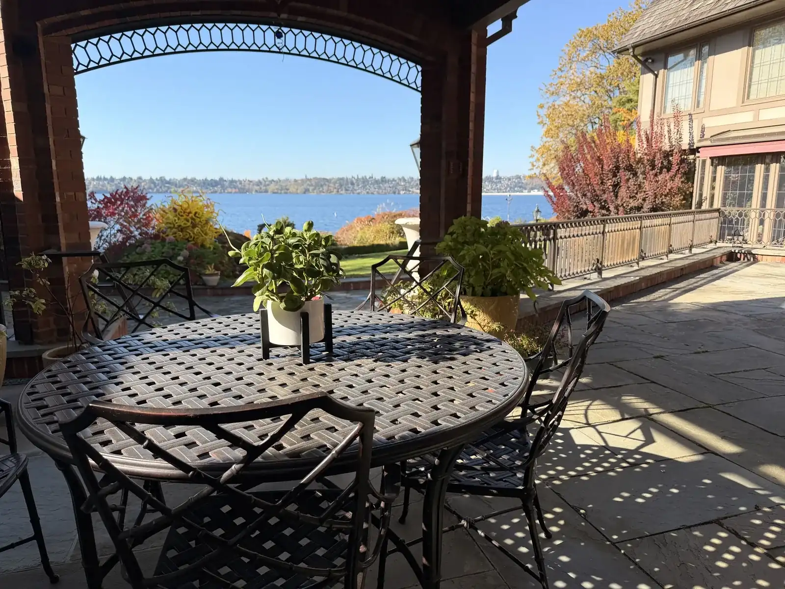 Covered patio looking out over a lake