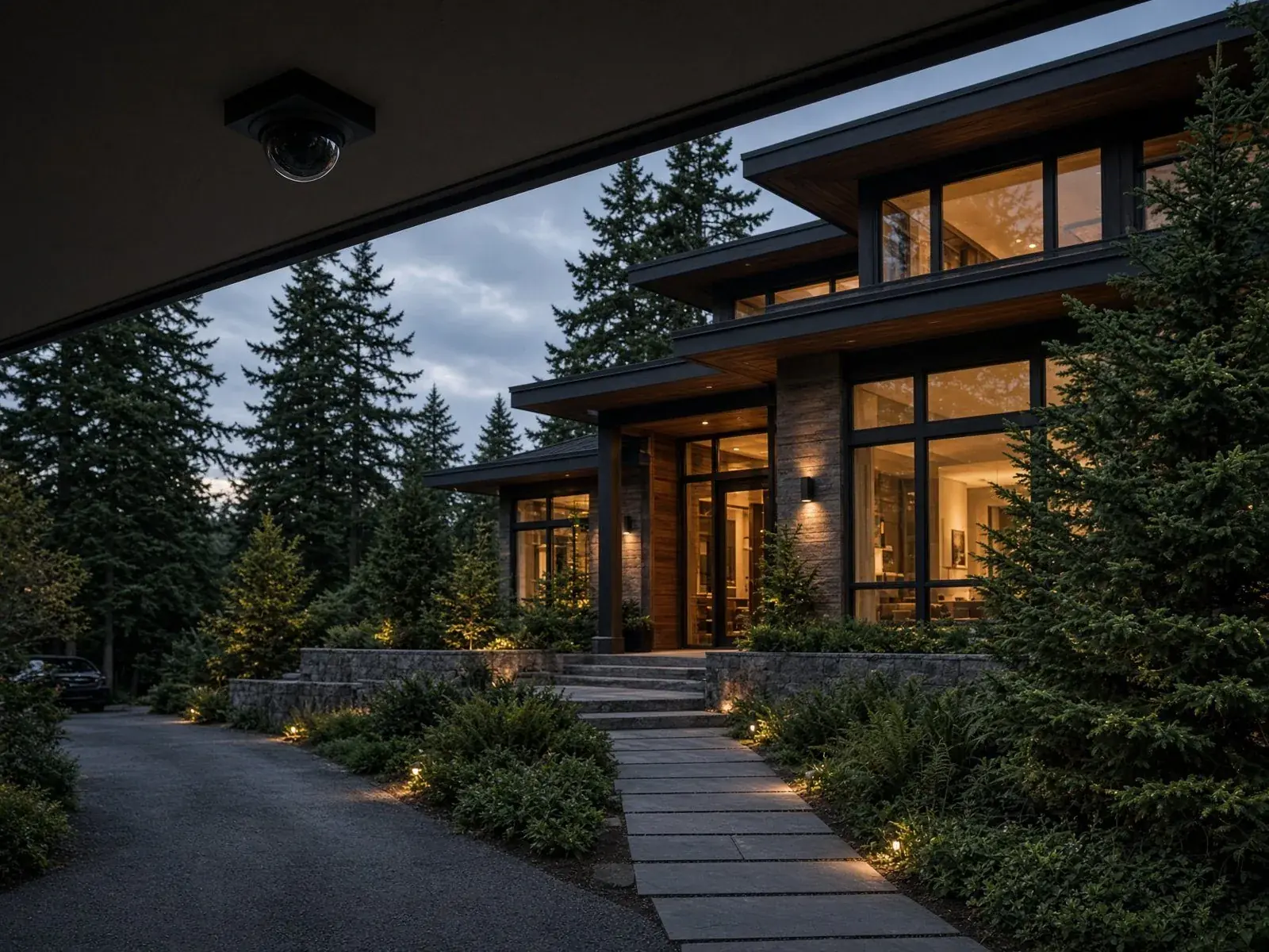 Long driveway leading to a home in the evening