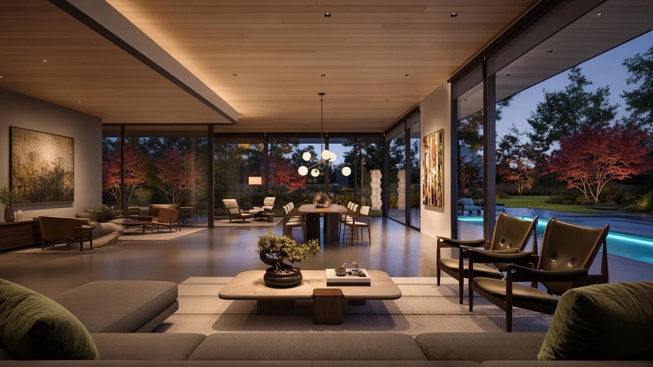 Open great room and dining area with warm evening lighting