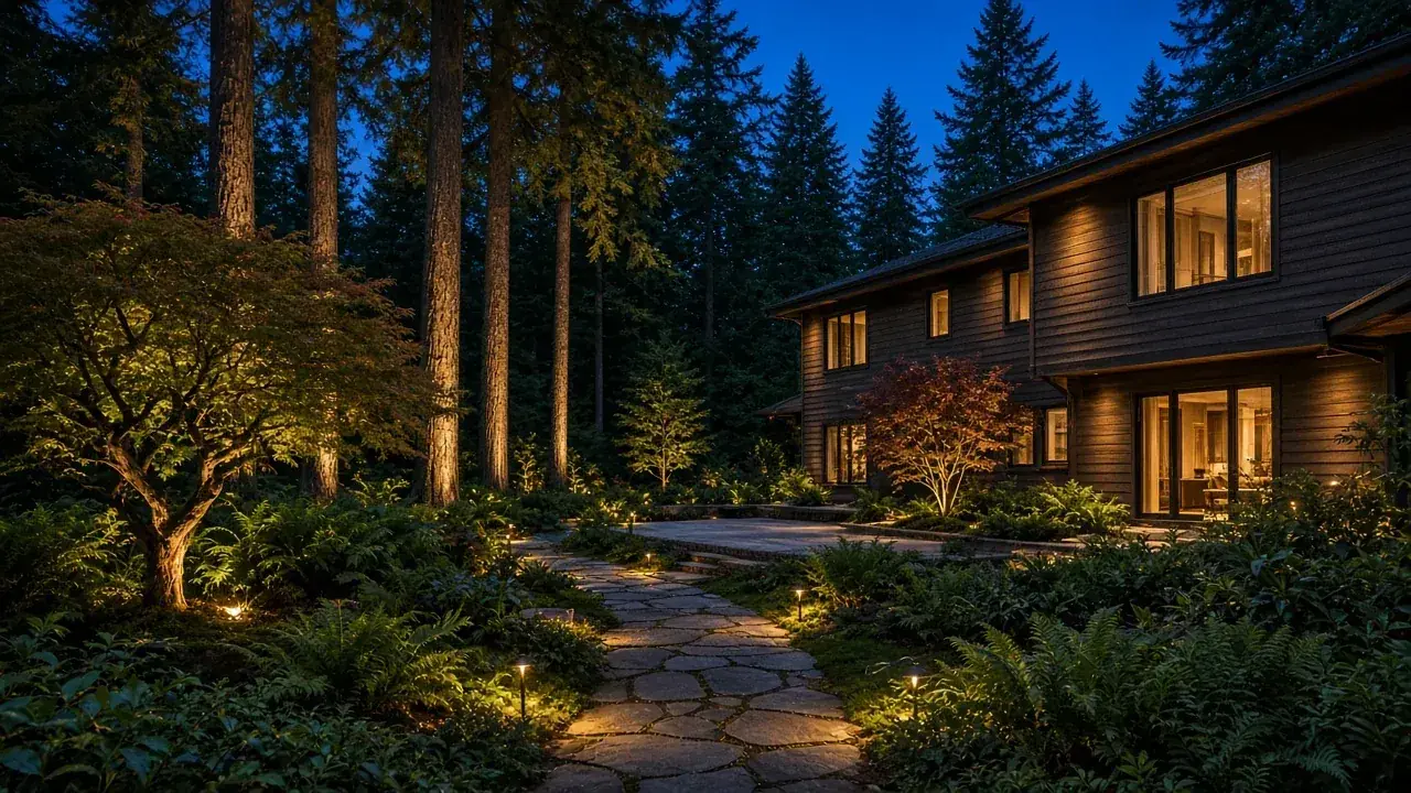 Uplit fir and maple trees and path lights around a cedar home at dusk