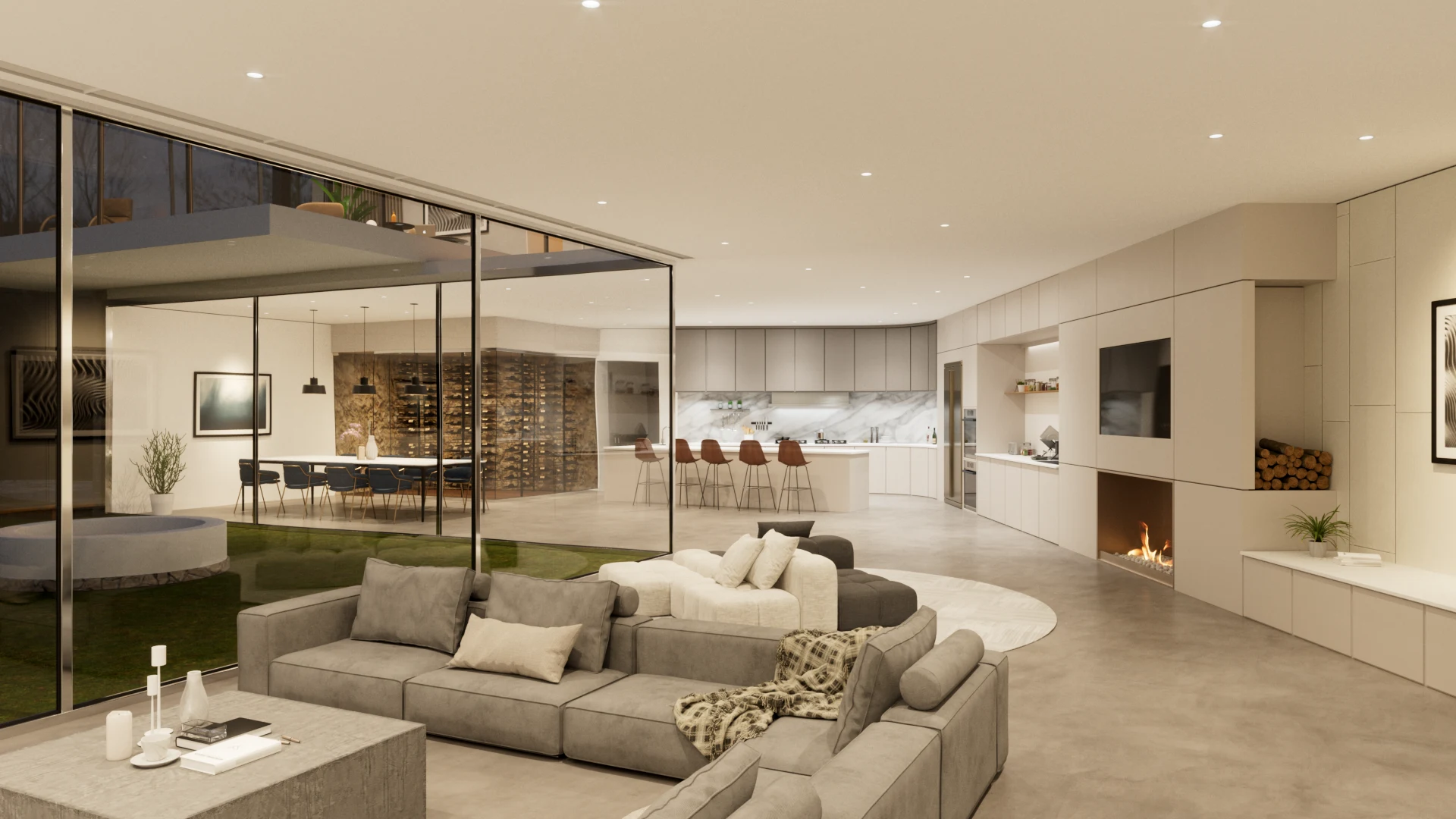 Open living space with minimal trimless downlights