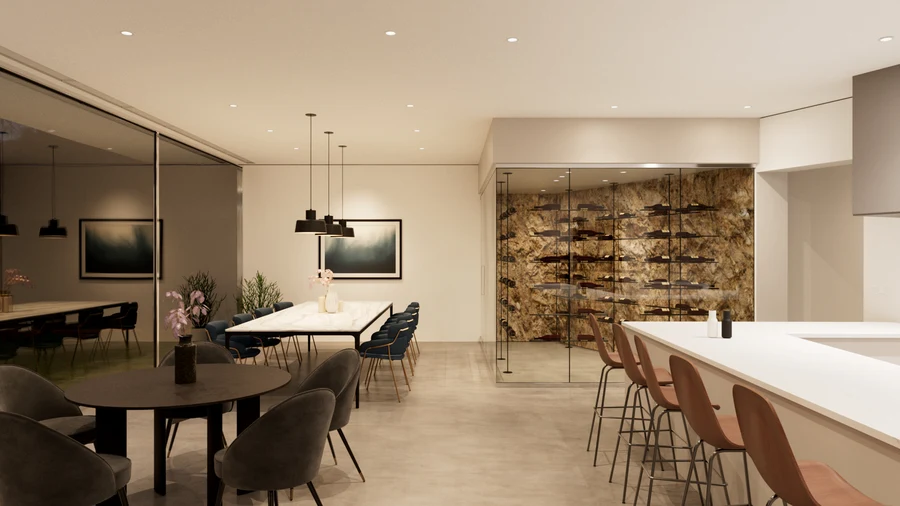 Dining area with a clean ceiling and discreet downlights
