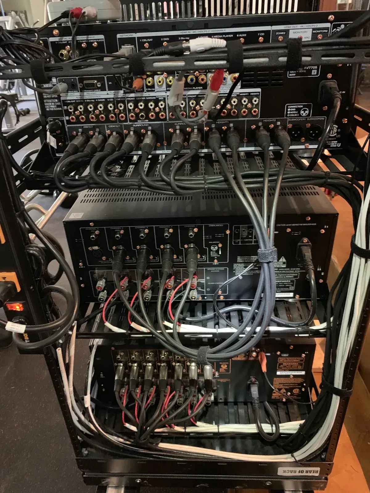 Back of an equipment rack with clean, bundled wiring