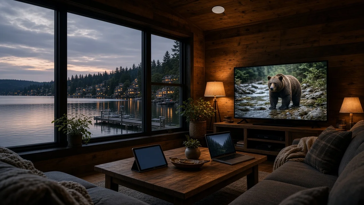 Lakefront family room streaming a show over fast whole-home Wi-Fi, with Lake Washington outside