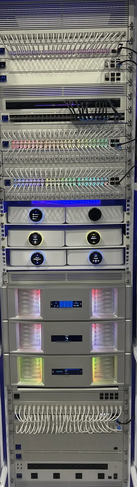 Tall, neatly organized network equipment rack