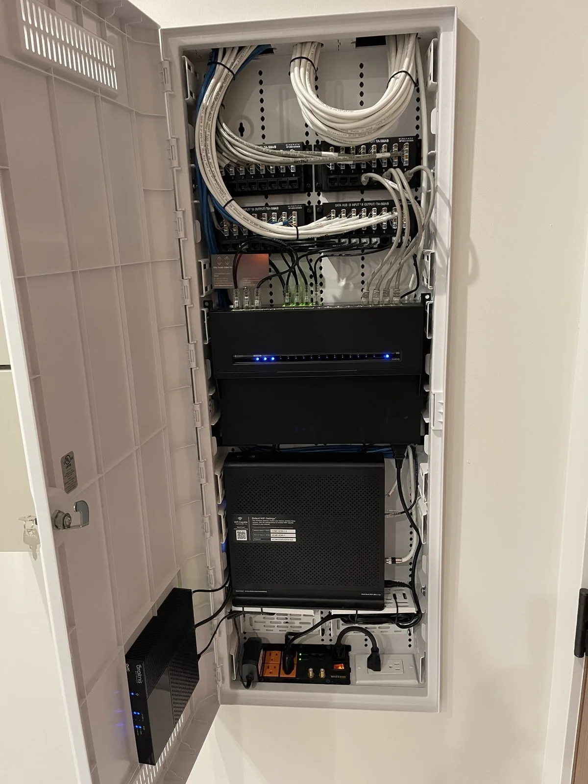 Structured wiring panel with neatly labeled cables