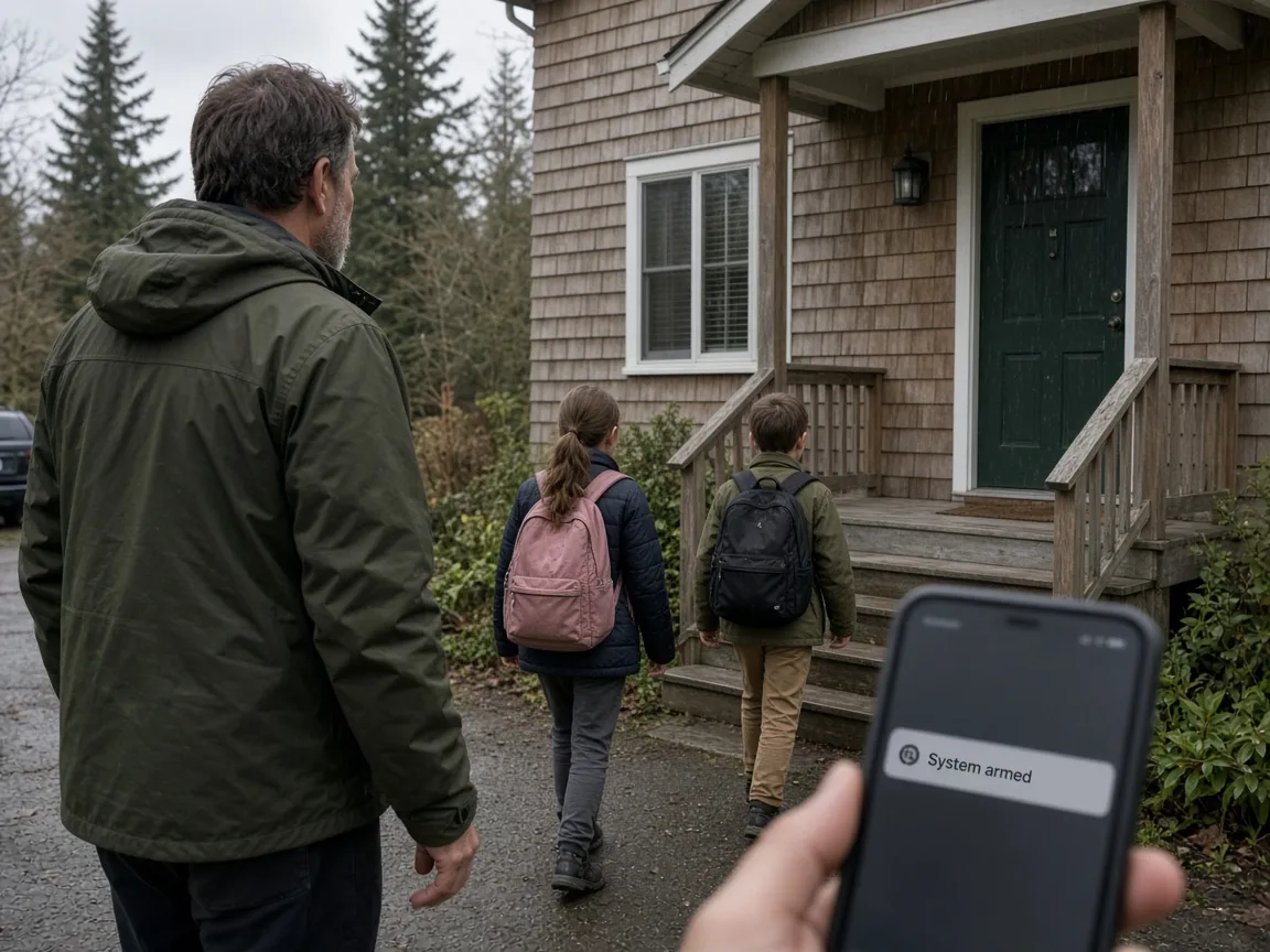 Family walking by their home while a phone shows a System armed notification