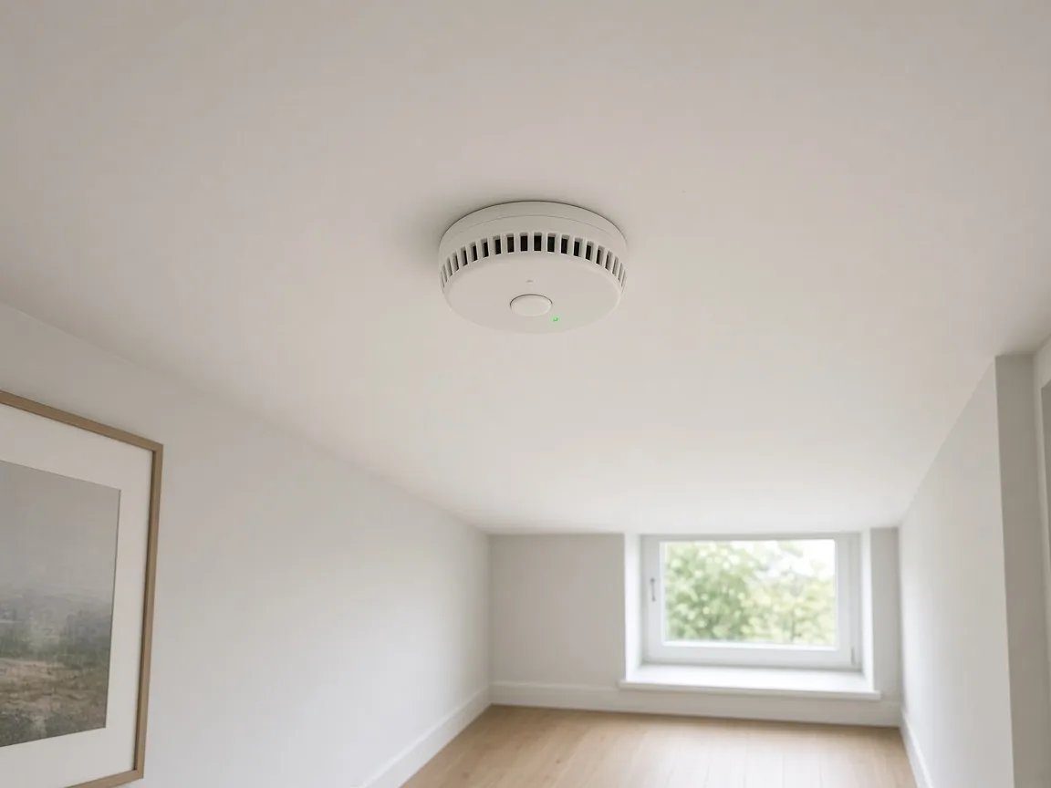 Smoke and carbon monoxide detector on a hallway ceiling
