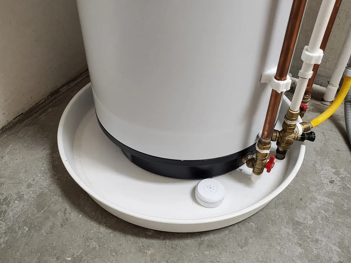 Water leak sensor in the drain pan under a water heater
