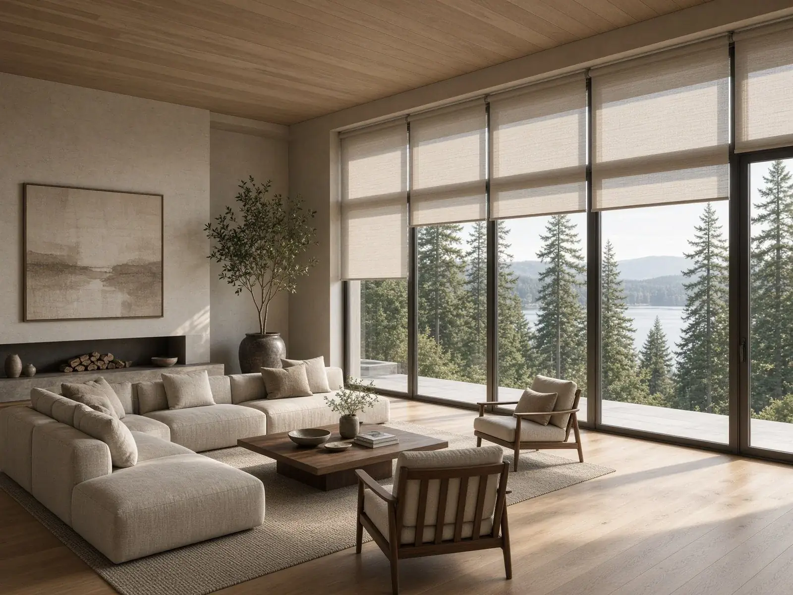Great room with motorized shades over floor-to-ceiling windows and a lake and evergreen view