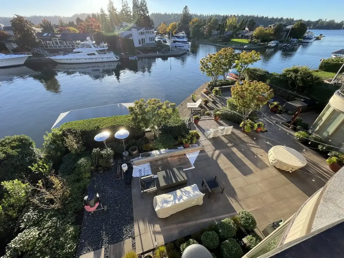 High camera view over a waterfront terrace and the lake, Bellevue