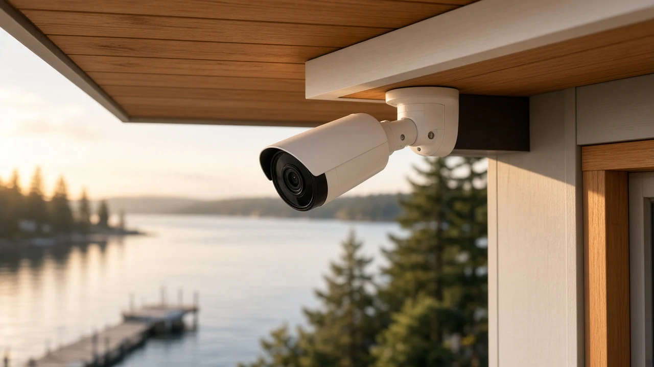 Security camera mounted under a wooden eave, with a lake in the background