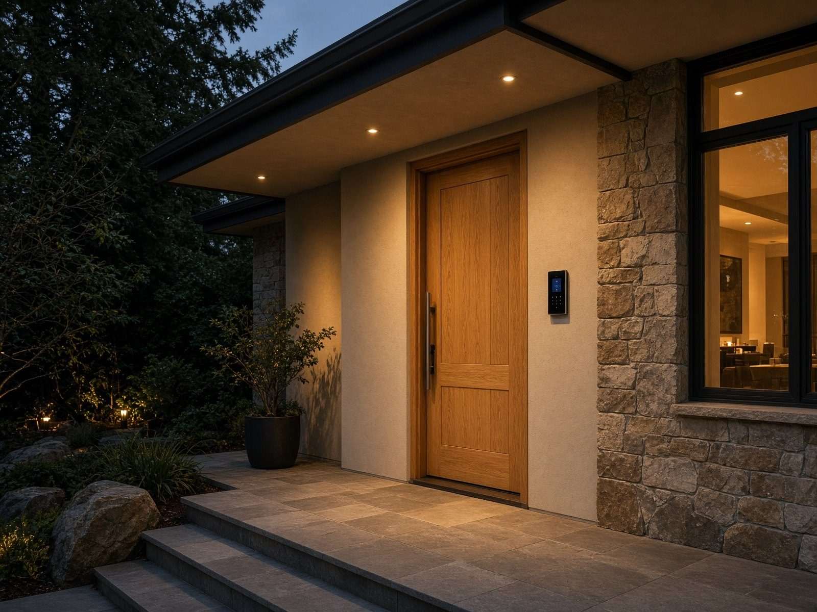 Luxury home entry at dusk with a security keypad
